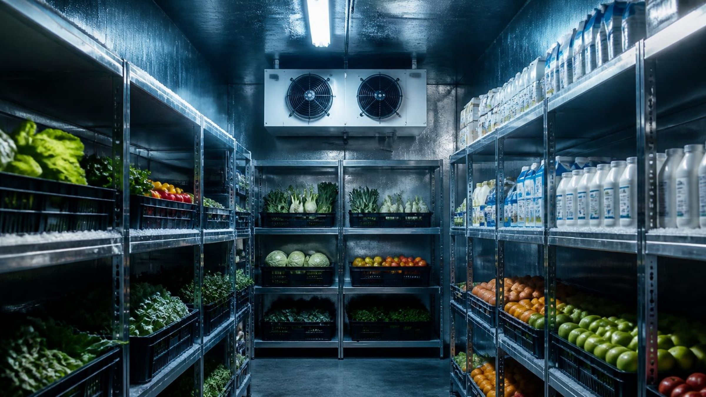 Interior de câmara fria de mercado, com prateleiras de inox e luz azul